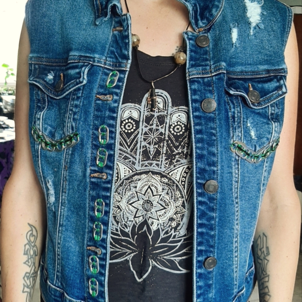 Upcycled embellished Jean vest hand sewn with beer tabs
